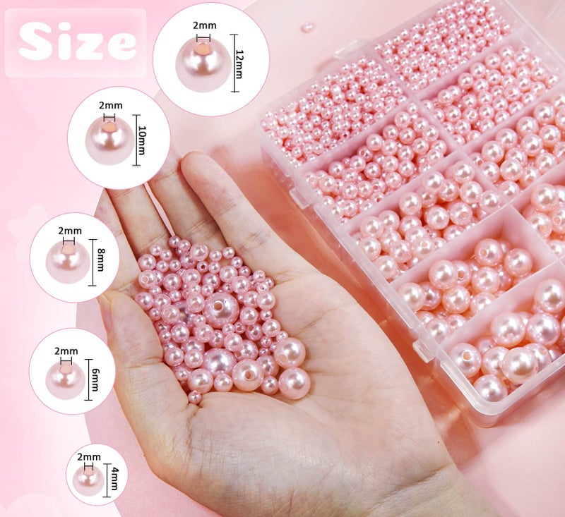Wavlakth Pink Pearl Beads for Jewelry Making  1750pcs Light Pink Pearl Craft Bead with Hole 4mm 6mm 8mm 10mm 12mm Loose Spacer Bead for Necklace Bracelet Earrings Ring Choker Wedding Dress Decor (Pink) - Image 2